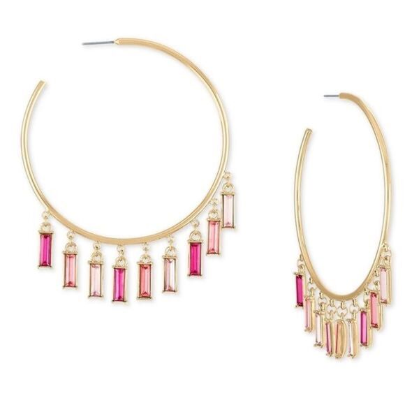 RACHEL Rachel Roy Gold-tone Pink Baguette Shaky Large Hoop Earrings 3" NWT - Picture 1 of 3
